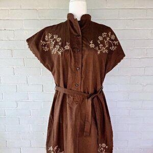 Vintage Chocolate Brown Embroidered Linen Shift Dress with Buttons & Tie Accent